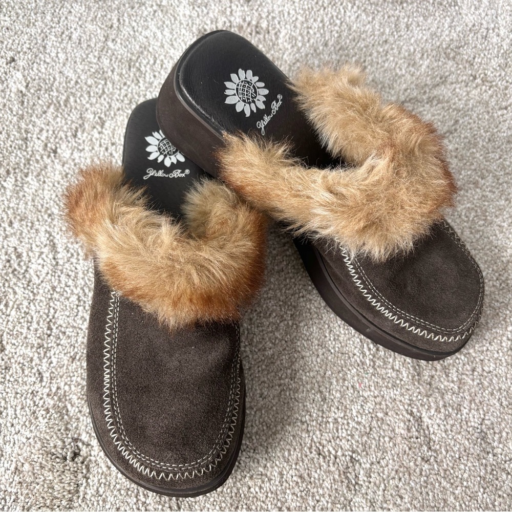 Yellow Box Brown Suede Slip On Clogs Faux Fur Trim Y2K Retro Platform